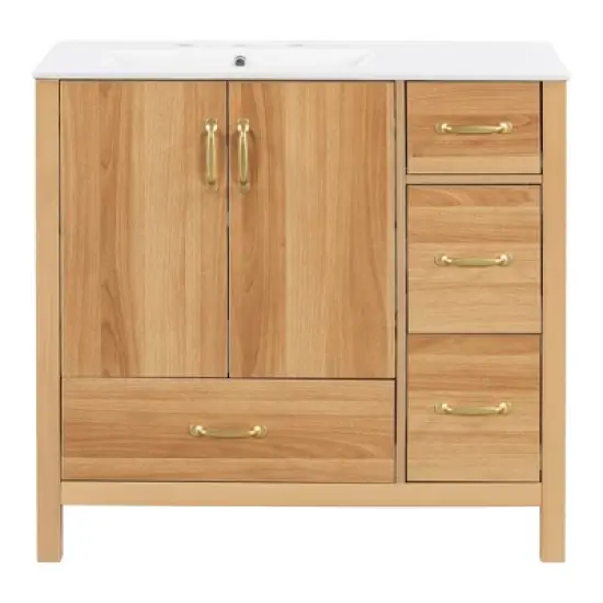 Merax 36" Solid Wood Bathroom Vanity with Convenient Storage Space, Wood image {4}