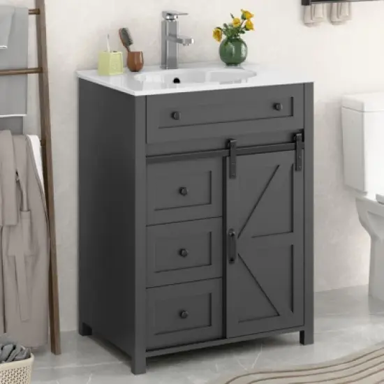 Bathroom Vanity, Vintage Vanity Cabinet with Ceramic Sink, Faucet & Drain image {6}