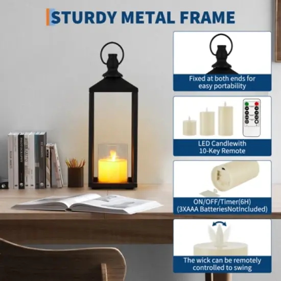 Lanterns Decorative, Set of 3 Metal Black Lantern with Flameless LED Candles, Halloween & Christmas Decorative Lanterns image {2}