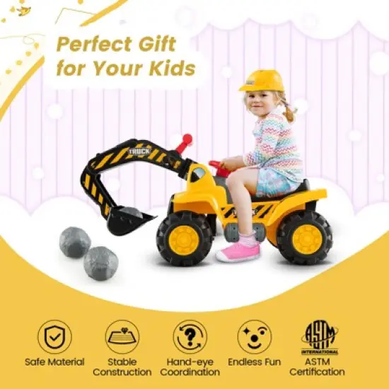 Costway Kids Toddler Ride On Excavator Digger Truck Scooter Seat Storage w/Sound&Helmet image {9}