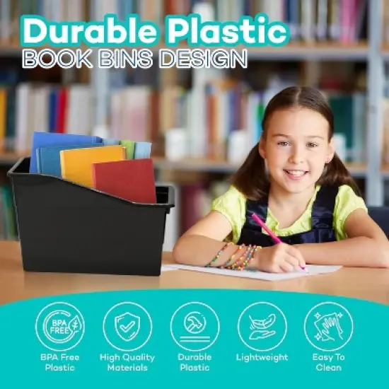 4E's Novelty 6 Pack Large Book Bin with Labels, Durable Black Book Bins for Classroom, Large Plastic Bins for Books, Sturdy Containers for Books image {7}