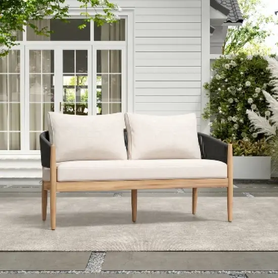 Christopher Knight Home Stuart Modern Patio Acacia Wood Woven Rope Loveseat with Cushion image {1}