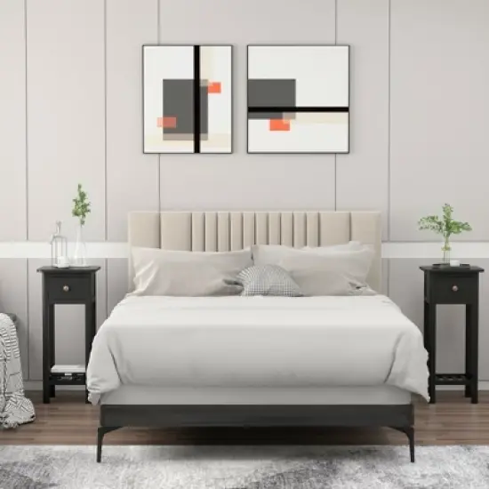 Costway 2PCS 2 Tier End Bedside Sofa Side Table with Drawer Shelf Acacia Wood Nightstand Black image {2}