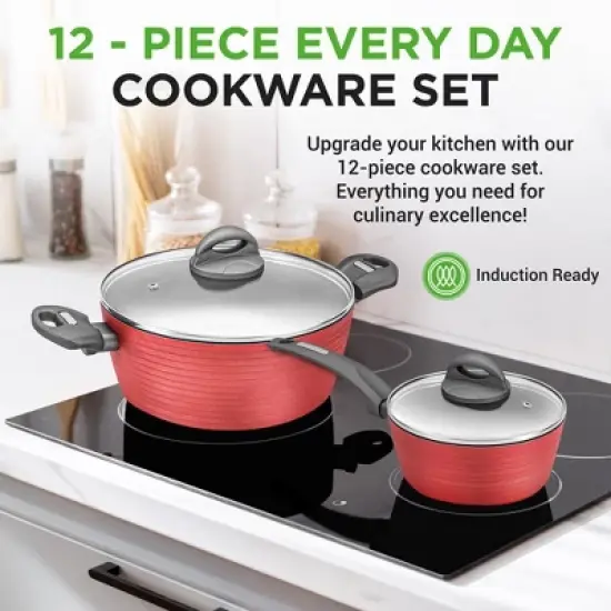 NutriChef Ridge Line Nonstick Kitchen Pots and Pans, 12 Piece Set, Red image {1}
