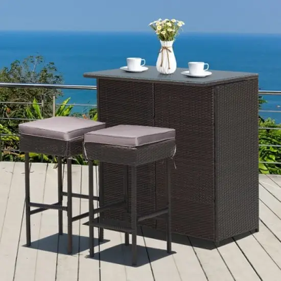 Costway Patio 3PCS Rattan Bar Table Stool Set Cushioned Chairs with  Cover image {7}