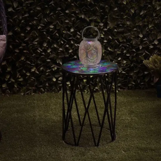 8" Outdoor Metal Hollow Lantern with Rotating LED Lights Antique White - Alpine Corporation image {1}