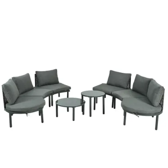 FIONECA 8-Piece Half Moon Outdoor Sectional Sofa Set with 2 High-Low Coffee Tables, Gray PE Wicker Patio Furniture with Cushions & 6 Pillows image {8}