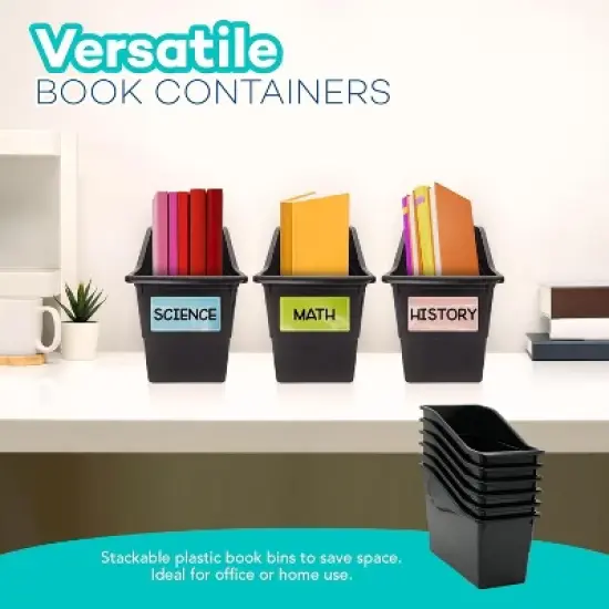 4E's Novelty 6 Pack Large Book Bin with Labels, Durable Black Book Bins for Classroom, Large Plastic Bins for Books, Sturdy Containers for Books image {6}