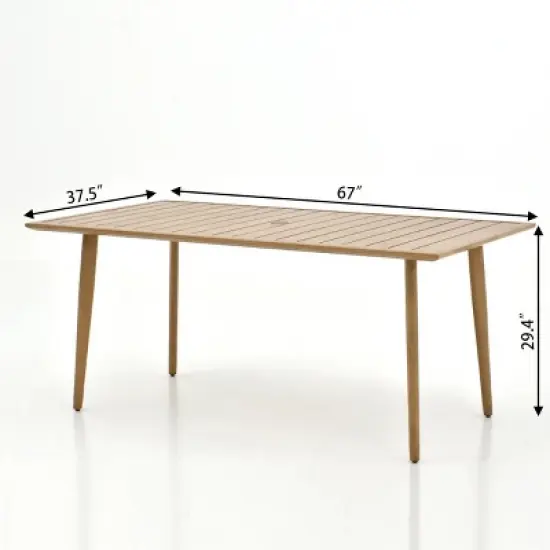 Rectangular Planked Wood Outdoor Dining Set：7-Piece Mesh Weave Chair Patio Furniture image {3}