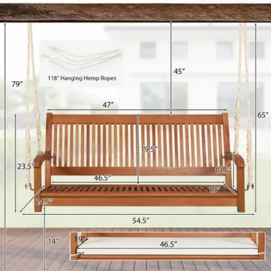 Tangkula 2-Seat Patio Hanging Wooden Porch Swing Bench w/ Cushion image {7}