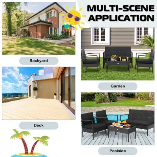 Costway 4 PCS Patio Rattan Furniture Set Cushioned Sofa Armrest Garden Black image {5}