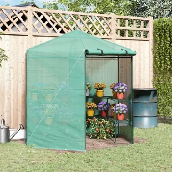 Outsunny Walk-in Greenhouse Outdoor 3 Tier 10 Shelf Warm House Garden Hexagonal Hot House with Roll-Up Zipper Door & Steel Frame image {1}