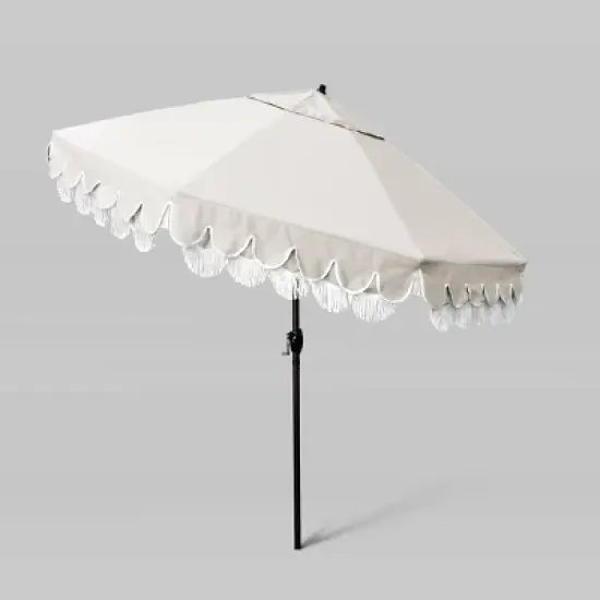 9' Sunbrella Scallop Base and Fringe Market Patio Umbrella with Auto Tilt - Bronze Pole - California Umbrella image {1}