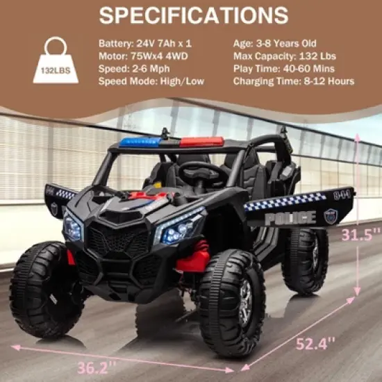 24V Kids Ride On UTV Car, 2 Seater Ride On Truck with Remote Control, 4WD Off-Road UTV Electric Toy Car with Headlights, Music for Boys Girls 3-9 image {4}
