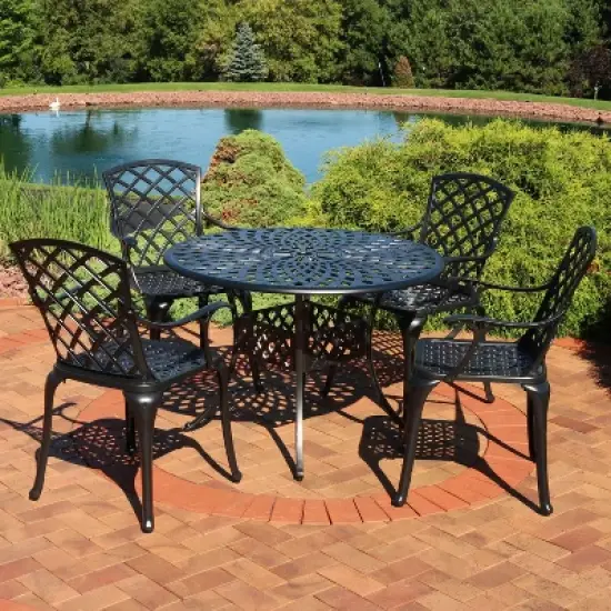 Sunnydaze Outdoor Crossweave Design Black Cast Aluminum Round Patio Dining Furniture Set with Table and Chairs, 5pc image {4}