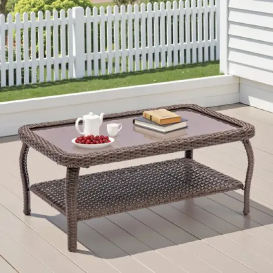 Outdoor Wicker CoffeeTable Patio Coffee Tables for Outside, Tempered Glass Top Wicker Table with Storage Coffee Table for Patio Balcony Porch Deck image {1}