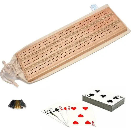 WE Games Deluxe Cribbage Set - Solid Wood with Inlay Sprint 3 Track Board with Easy Grip Pegs, Deck of Cards & Canvas Storage Bag image {7}