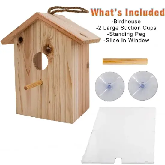 5 Star Super Deals See Through Wooden Window Bird house w/ Large Suction Cups, Hanging Lanyard Rope Birdhouse - Spy Window Nest Box image {4}