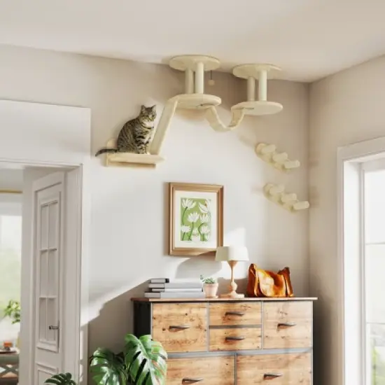 PawHut Cat Wall Shelves, 3pc Cat Wall Furniture w/ Scratching Post, Perches, Ladder, Steps & Scratching Board, Ceiling & Wall Mounted Cat Shelves image {2}