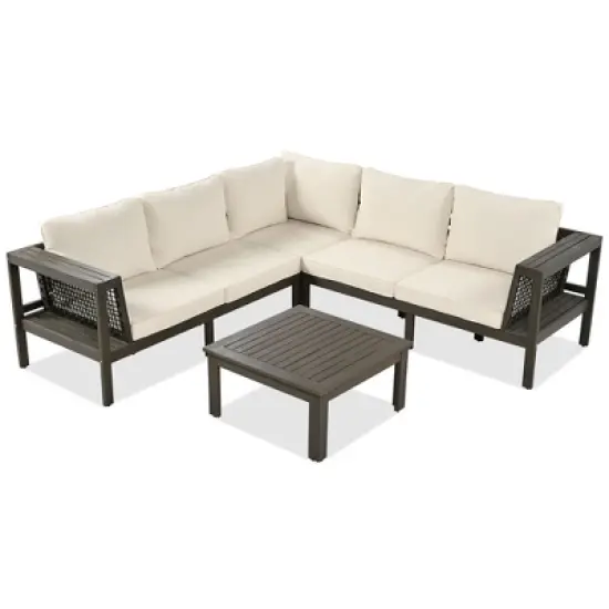 4-Pieces Outdoor Acacia Wood L-Shaped Sectional Sofa Set with Coffee Table and Arm Side Table image {4}
