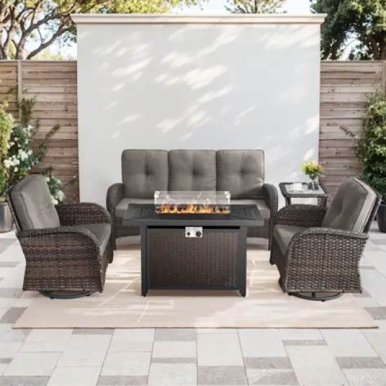 Buenhomino 5PCS Outdoor Patio Furniture Set with Fire Pit,Wicker Patio Conversation Sets with 43" Propane Fire Pit Table,Swivel Rocking Chairs image {15}
