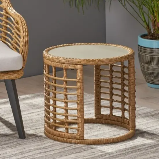 Boho Rattan Side Table with Tempered Glass Top,Round Accent Table for Living Room,Entryway or Sofa-Maison Boucle image {1}