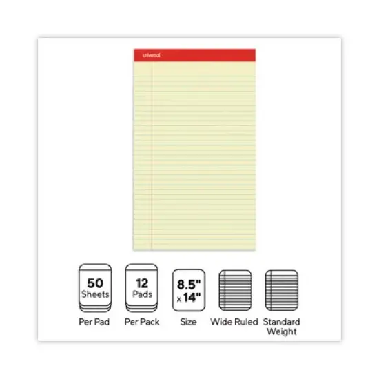 Universal Perforated Ruled Writing Pads, Wide/Legal Rule, Red Headband, 50 Canary-Yellow 8.5 x 14 Sheets, Dozen image {4}