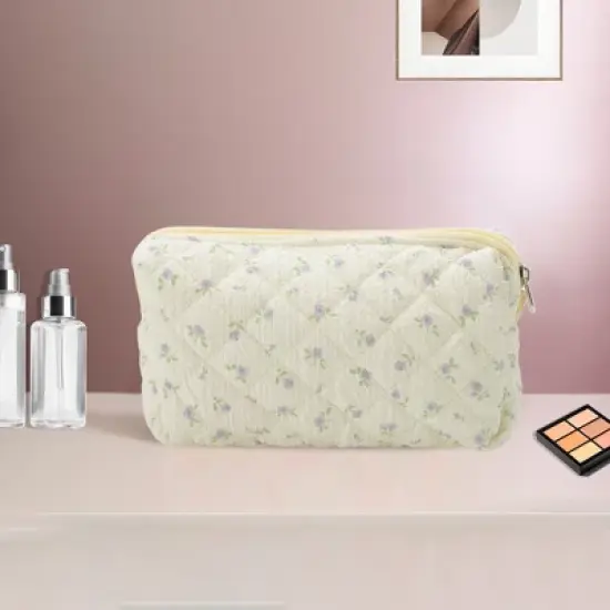 Unique Bargains Purple Flowers Makeup Bag Beige 1 Pc image {4}