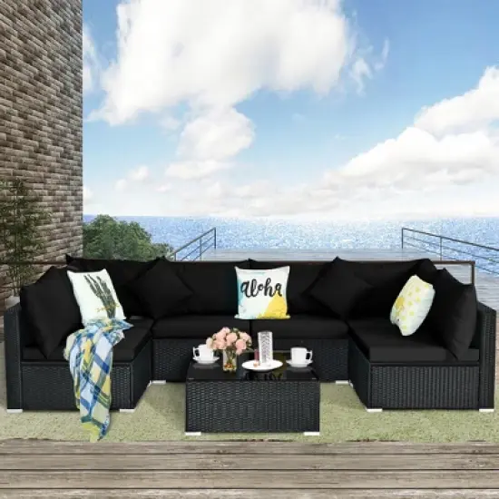 Costway 7PCS Patio Rattan Furniture Set Sectional Sofas Off White & Black Cushion Covers image {3}