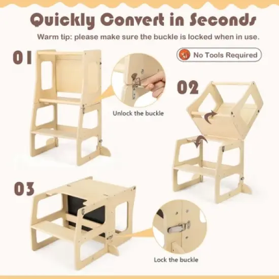 Costway 3-in-1 Foldable Kitchen Standing Tower for Toddlers with Chalkboard Weaning Table Natural image {4}