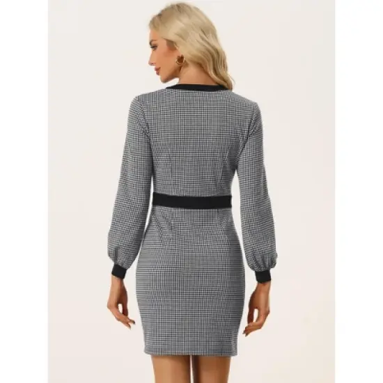 Allegra K Women's Houndstooth V Neck Long Sleeves Elegant Sheath Dresses image {2}