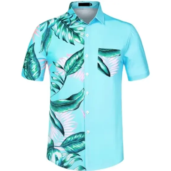 Lars Amadeus Men's Summer Patchwork Hawaiian Shirt Button Down Pocket Leaf Printed Shirts image {8}
