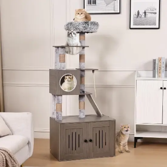 Acekool 67" Cat Tree & Litter Box Enclosure - 2-in-1 with Scratching Posts image {7}