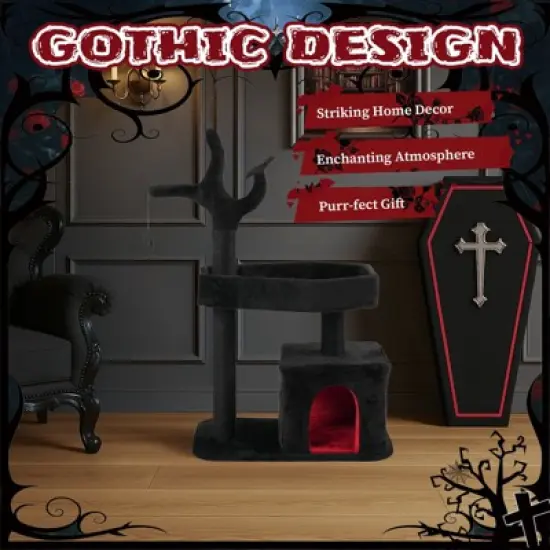 Angel Sar 44.5" Gothic Cat Tree with Coffin Bed, Large Cat Tower with Scratching Posts & Hanging Toy for Indoor Cats, Black image {7}
