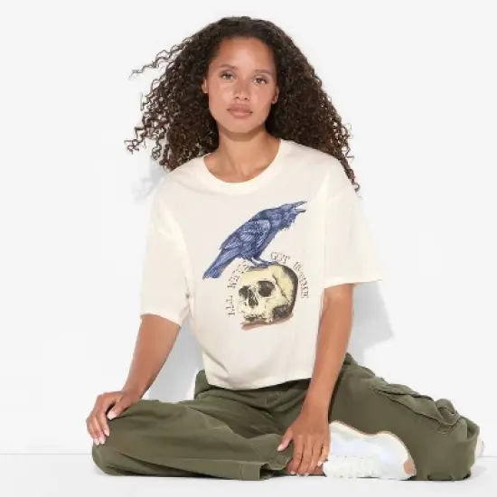 Women's Raven Boxy Cropped Short Sleeve Graphic T-Shirt - Off-White image {3}