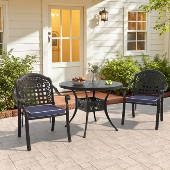3-Piece Cast Aluminum Outdoor Dining Set with Blue Cushions, Round Table & Stackable Chairs - for Patio, Backyard image {10}