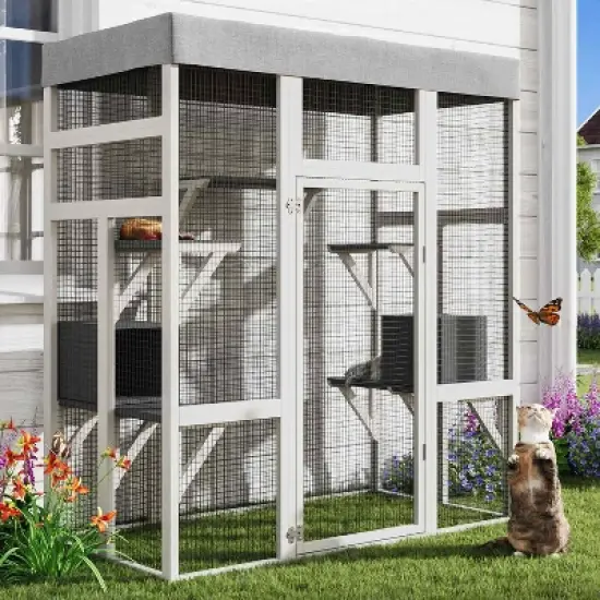 Angel Sar 70 Inch Outdoor Cat Enclosure with Waterproof Roof, Large Catio with 2 Houses & 7 Platforms, Rust-Proof Wire Pet Cage, Light Grey image {1}