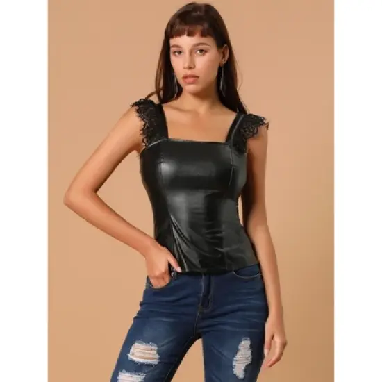 Allegra K Women's Lace Trim Party Faux Leather PU Tank Top image {3}