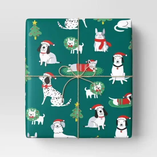 30" 50 sq ft Christmas Roll Wrap Illustrated Dogs on Green - Wondershop&trade; image {1}