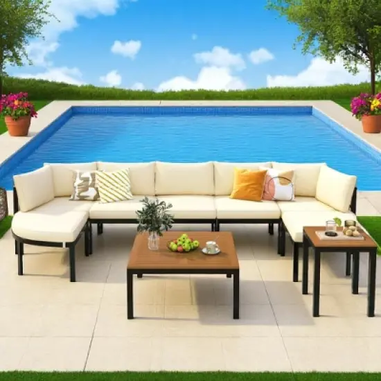 6-Piece Outdoor Patio Sectional Sofa Set with WPC Coffee Table, Side Table, Water-Resistant Cushions,outdoor Conversation Set image {15}