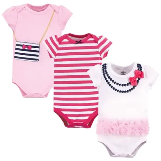 Little Treasure Baby Girl Cotton Bodysuits 3pk, Pink Navy Necklace image {4}