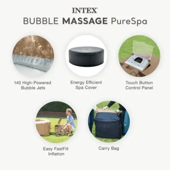 INTEX 28427EP PureSpa Bubble Massage Spa Set: Includes Energy Efficient Spa Cover &ndash; 140 Bubble Jets &ndash; 6 Person Capacity &ndash; 85" x 28" image {2}