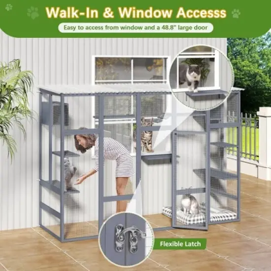 Sandinrayli Catio Outdoor Cat Enclosure Window, 104" Wooden Large Catio Outside Cattery with Sloped Waterproof Cover image {2}