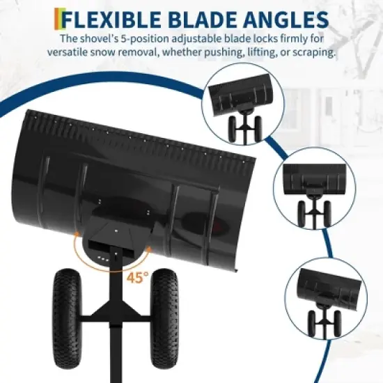 GustoWave Black Snow Shovel with Wheels, Heavy Duty Snow Pusher for Driveway, Carbon Steel Snow Pusher Shovel with Adjustable Angle image {4}