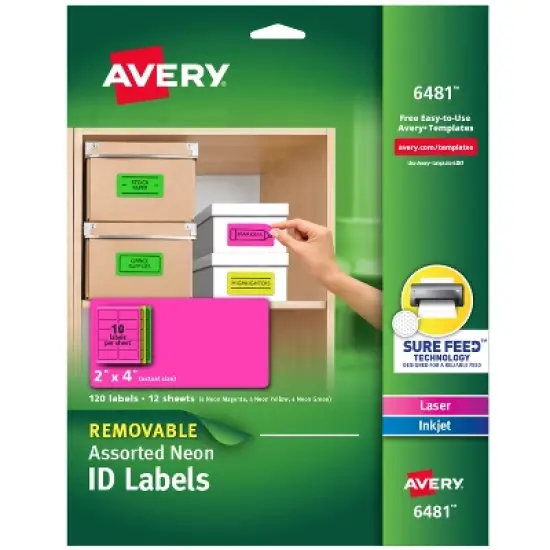 Avery Removable Multipurpose Labels, Sure Feed Technology, Assorted Neon, 2 x 4, 120 Labels (6481) image {7}