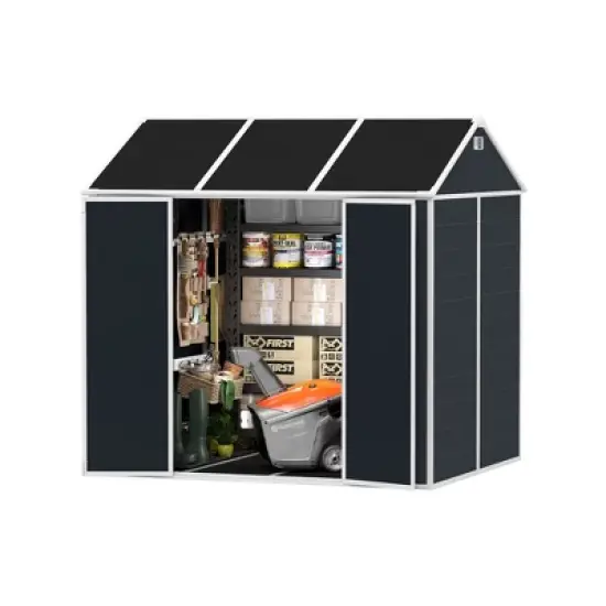 8*7ft Outdoor Storage Shed, Outdoor Resin Shed with Two-Window and Double-Door, Plastic Shed with Floor for Garden, Patio, Yard, Lawn (Dark Gray) image {12}