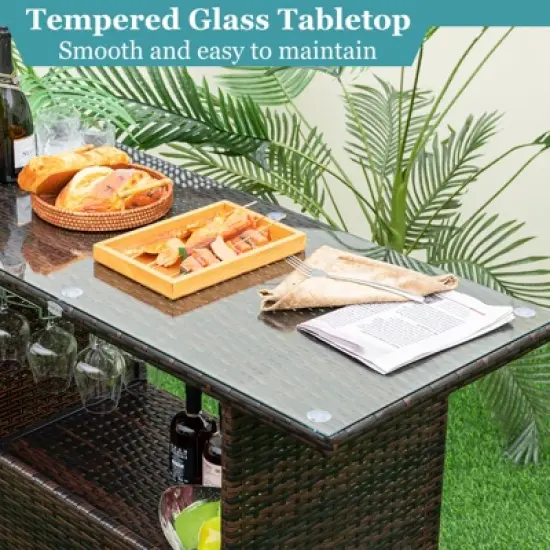 Tangkula 3PCS Wicker Bar Set Height Table 2 Stools w/3 Rows Stemware Racks Garden Patio image {3}
