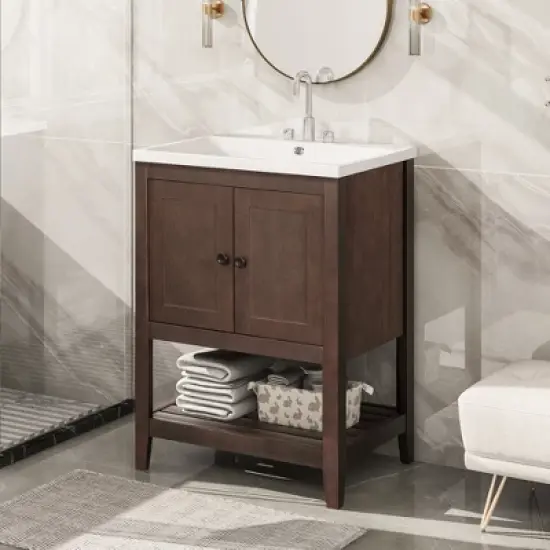 24" Modern Stylish Bathroom Vanity with Porcelain Sink and Open Shelves - ModernLuxe image {9}