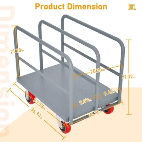 ORRD Heavy Duty Steel Panel Truck - 2000lbs Capacity, 36"x24", 6" Swivel Brake Casters, 3 Handrails image {6}