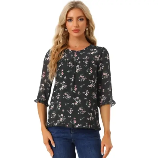 Allegra K Women's Casual Round Neck Ruffle 3/4 Sleeve Floral Print Chiffon Blouse image {12}